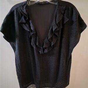 Zara Elegant Black Ruffle Blouse with lace detailing
